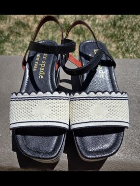 kate spade Black and Cream Platform Sandals with Scallop Trim